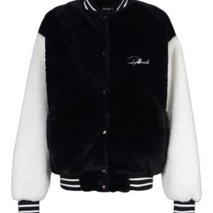 Faux Fur Colorblock Varsity Bomber Jacket (US Size 10) (Black /White)
